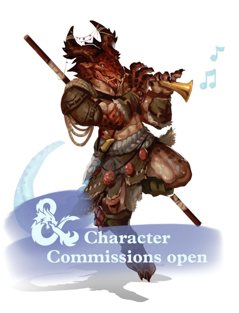 A copper dragonborn dances whilst playing a small horn