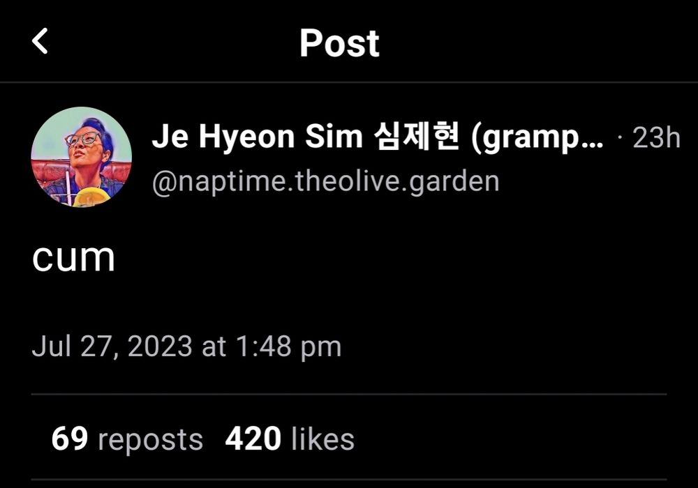 Jey hyeon sim's post
It says cum
With 69 reposts & 420 likes