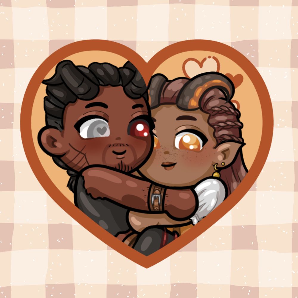 a fanart of Gnowee and Wyll, cuddling inside an orange heart shape