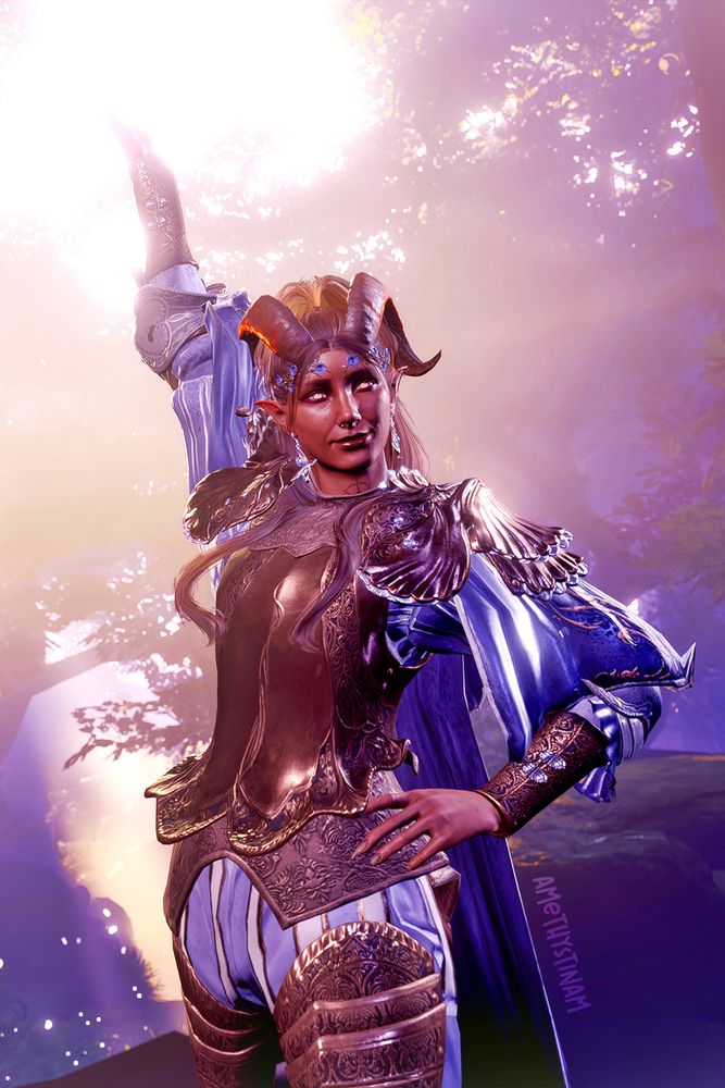 my tiefling tav, Gnowee, proudly showing her new gold and purple armor