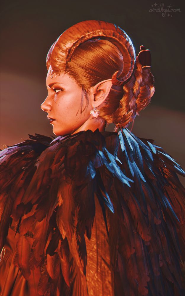 my tiefling tav, Gnowee, is wearing a black feathered cloak and looks displeased. her eyes are pale and her horns are not glowing. the pic was taken in grymforge (act 1).