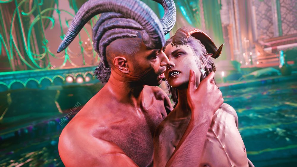 an erotic photo showing Wyll and Gnowee, about to kiss in a luxurious pool