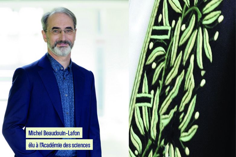 Portrait de Michel Beaudouin-Lafon à côté du détail d'une veste d'Académicien ornée de feuilles de laurier