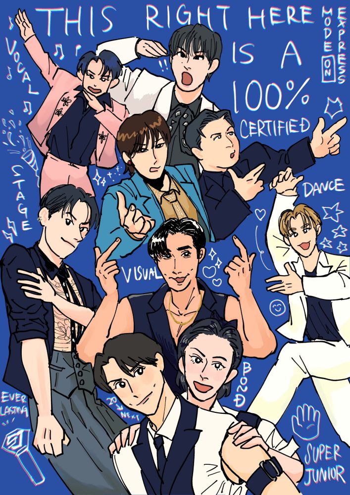 20周年目のアルバム「スーパージュニア25」発売記念の絵。青色を背景に、メンバーがそれぞれいろんな音楽番組で着た衣装を描いている。