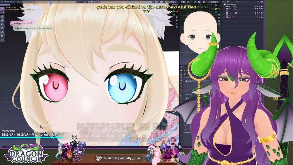 Screenshot of Char's stream as she's working on the eyes of a 3D model in blender
