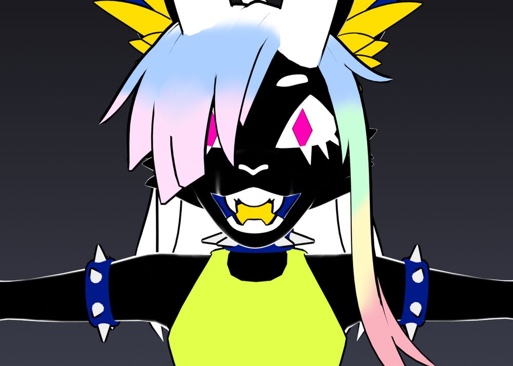closeup of a WIP neon bunny vtuber's face with open mouth showing teeth off the teeth and tongue