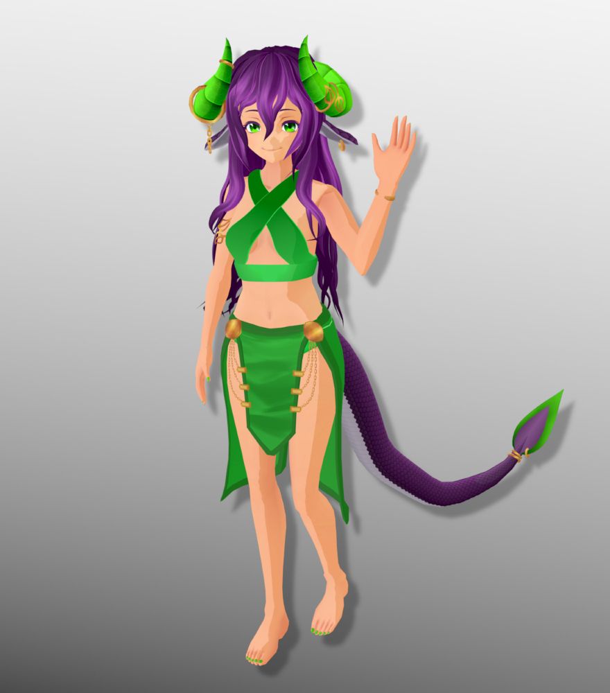 Char's 1.0 model, a vroid base with a few additions made in blender. Char cringes at this model sometimes but she's still proud that she made it and that it started her journey on model making