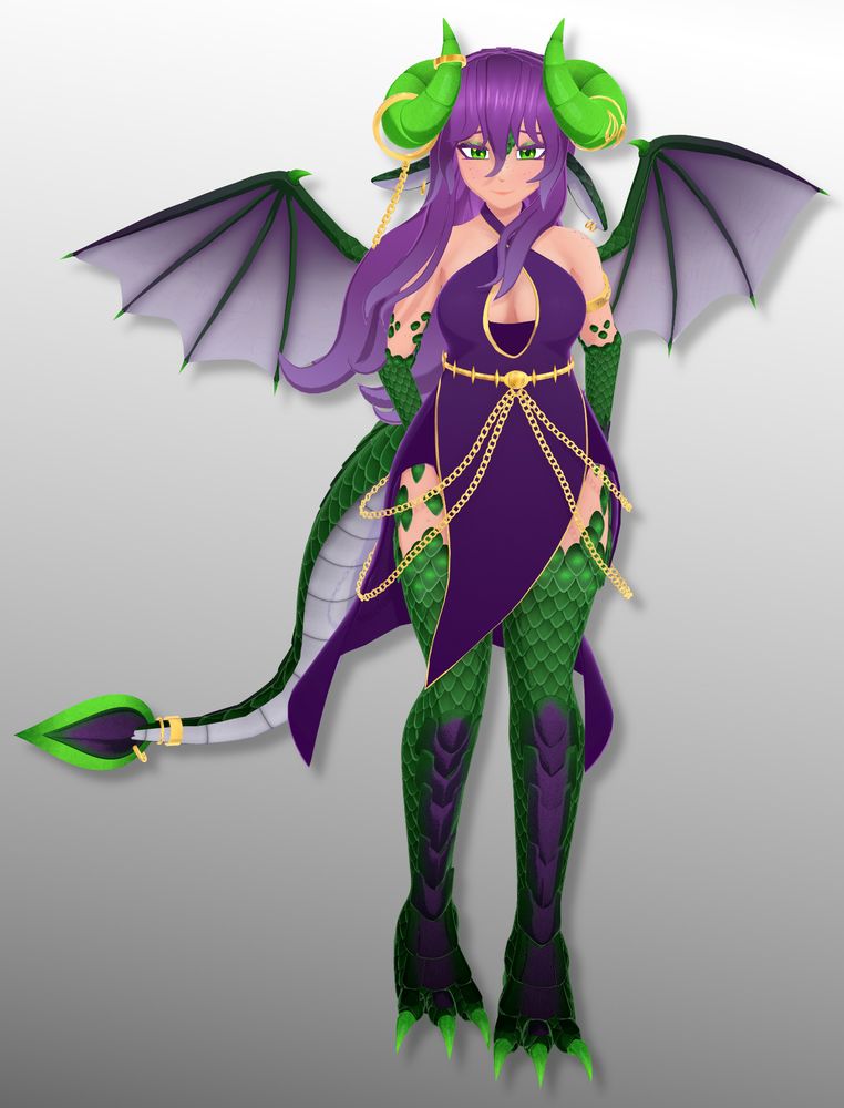 Char's model standing normally with her purple dress on