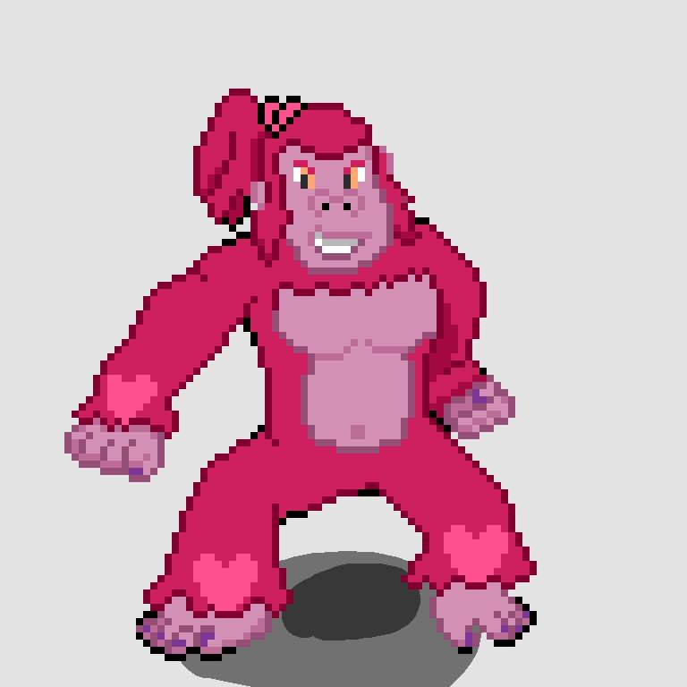 Karatape, the Athletic Monrad. A pink gorilla monster taking a karate pose. It has heart-shaped decals on its furry limbs.