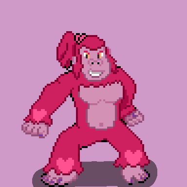 Karatape, the Athletic Monrad. A gorilla performing a karate pose, with pink fur and heart decals.