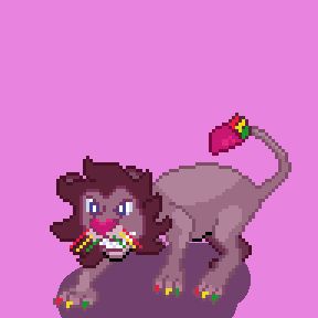 Leogumi, the Heart Monrad. A pink-tinted lion monster with brightly colored gummy whiskers, claws, and a heart-shaped gummy on its tail.