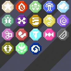 Colorful emblems with white signs on them, displaying the different types and elements of Monrads.