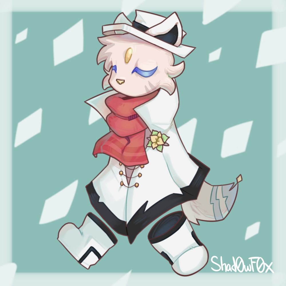 Art for artfight of emoscot's character; a cat-like creature who has no arms with a white cloak, white top hat and a red scarf.