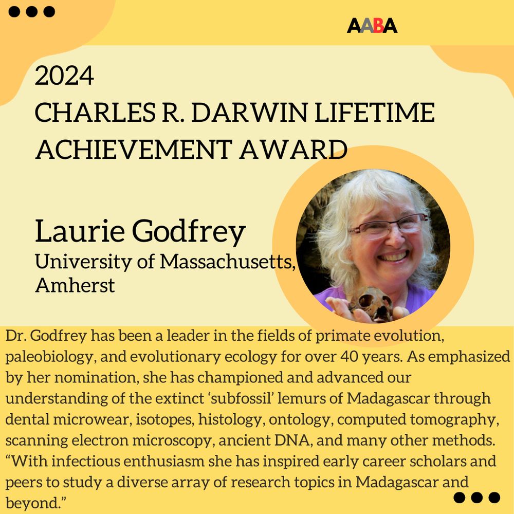Winner of the 2024 Charles R. Darwin Lifetime Achievement Award: Dr. Laurie Godfrey. Dr. Godfrey has been a leader in the fields of primate evolution, paleobiology, and evolutionary ecology for over 40 years. As emphasized by her nomination, she has championed and advanced our understanding of the extinct ‘subfossil’ lemurs of Madagascar through dental microwear, isotopes, histology, ontology, computed tomography, scanning electron microscopy, ancient DNA, and many other methods. “With infectious enthusiasm she has inspired early career scholars and peers to study a diverse array of research topics in Madagascar and beyond.”