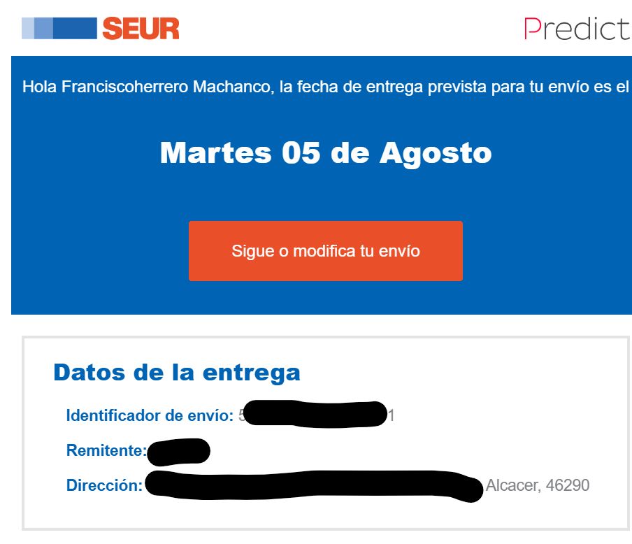 Notificación de SEUR de que mañana me van a entregar un paquete