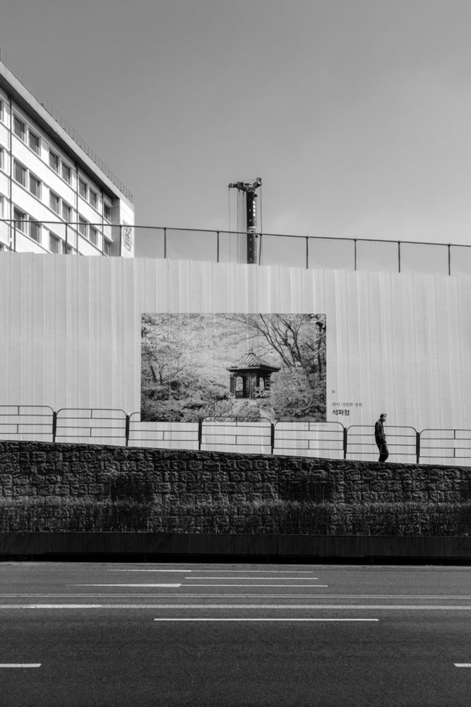 A black and white photo of a man walking along a raised incline sidewalk alongside a street. On the wall behind him is a poster of a ceremonial arch with cherry blossoms. 