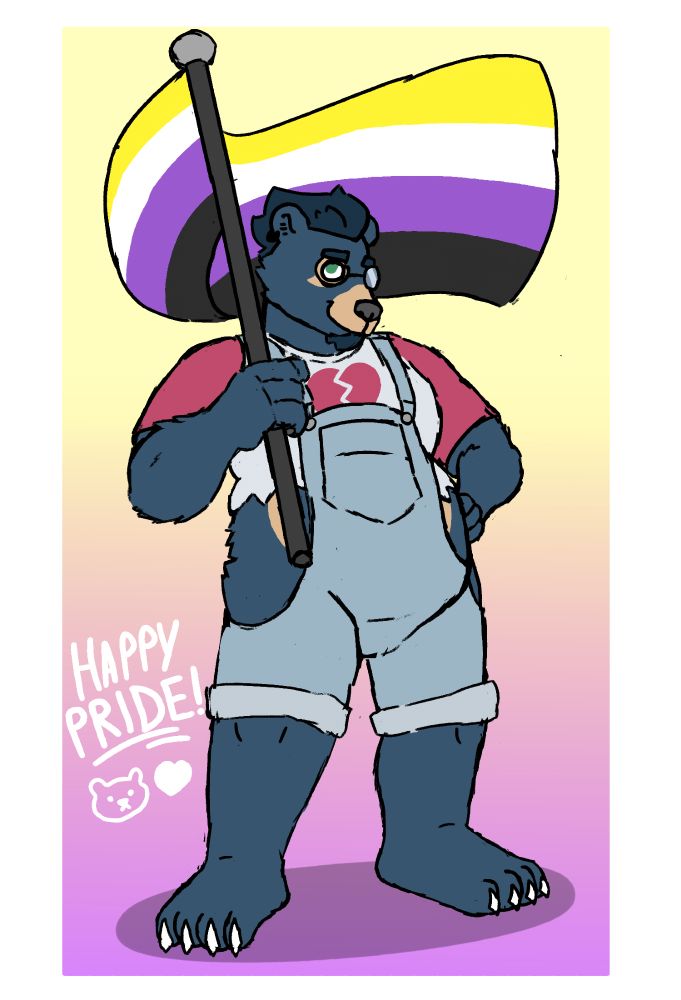 monty waving around a nonbinary flag while wearing a zig-zag cropped t shirt with a broken heart on it, and cropped shortalls that show off his hips. he's also going commando.