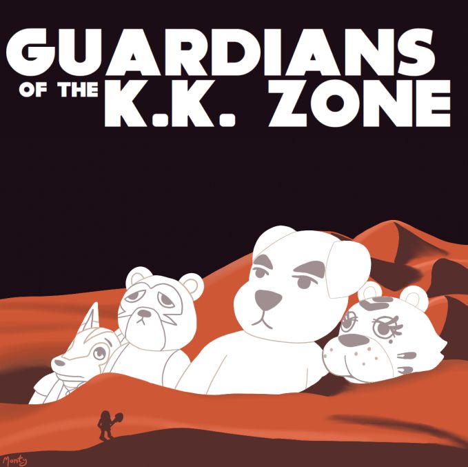 a drawover of twrp's guardians of the zone EP with k.k. slider and other animal crossing characters.