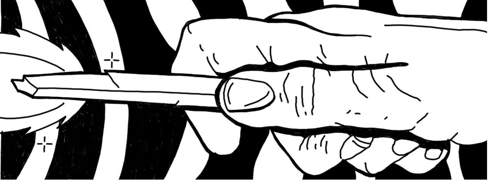 A black and white digital drawing of a hand holding a crystal wand. Flames are coming out of the end of the wand and there is a black and white background of curved stripes.