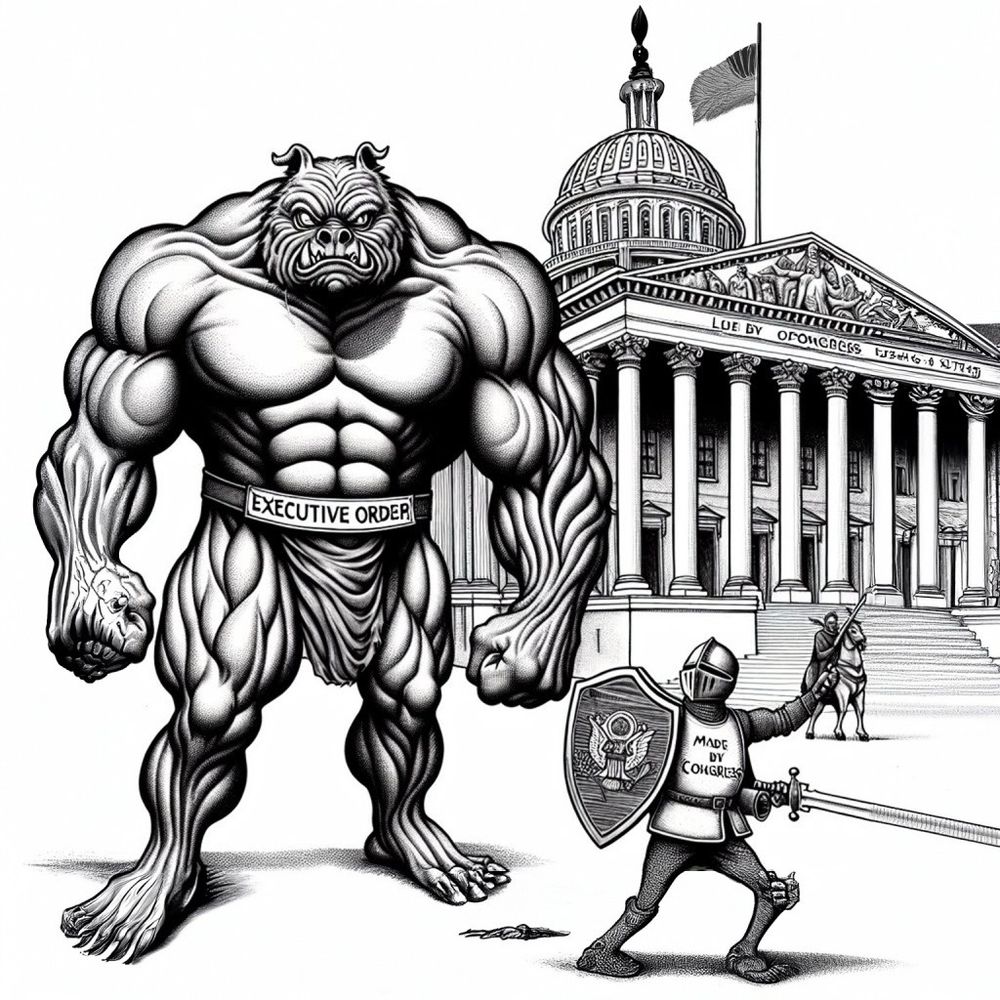 Monster with a belt that says "executive order" faces off against a weak-looking knight on the grounds of the US Capitol.