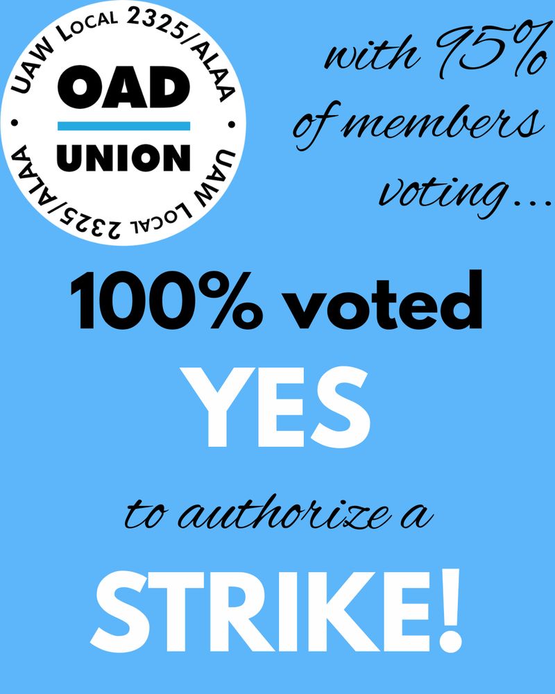 From the OAD Union: with 95% of members voting, 100% voted YES to authorize a STRIKE!
