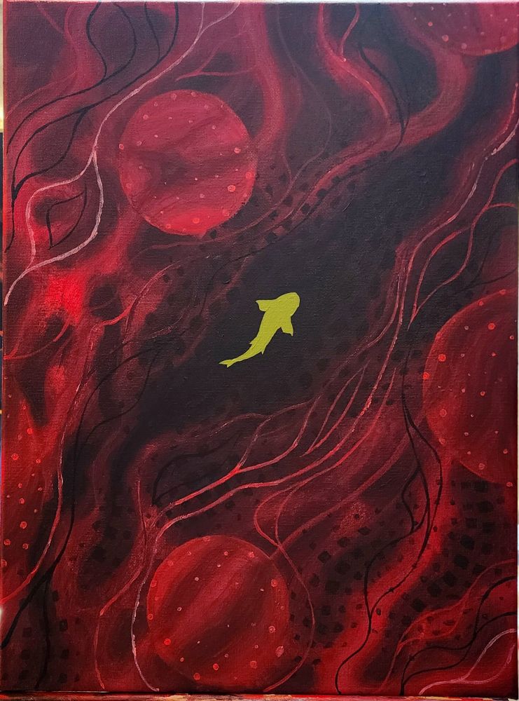 A painting of a small green fish, seen from above, swimming through a space of abstract shapes and lines, all in shades of red and black.