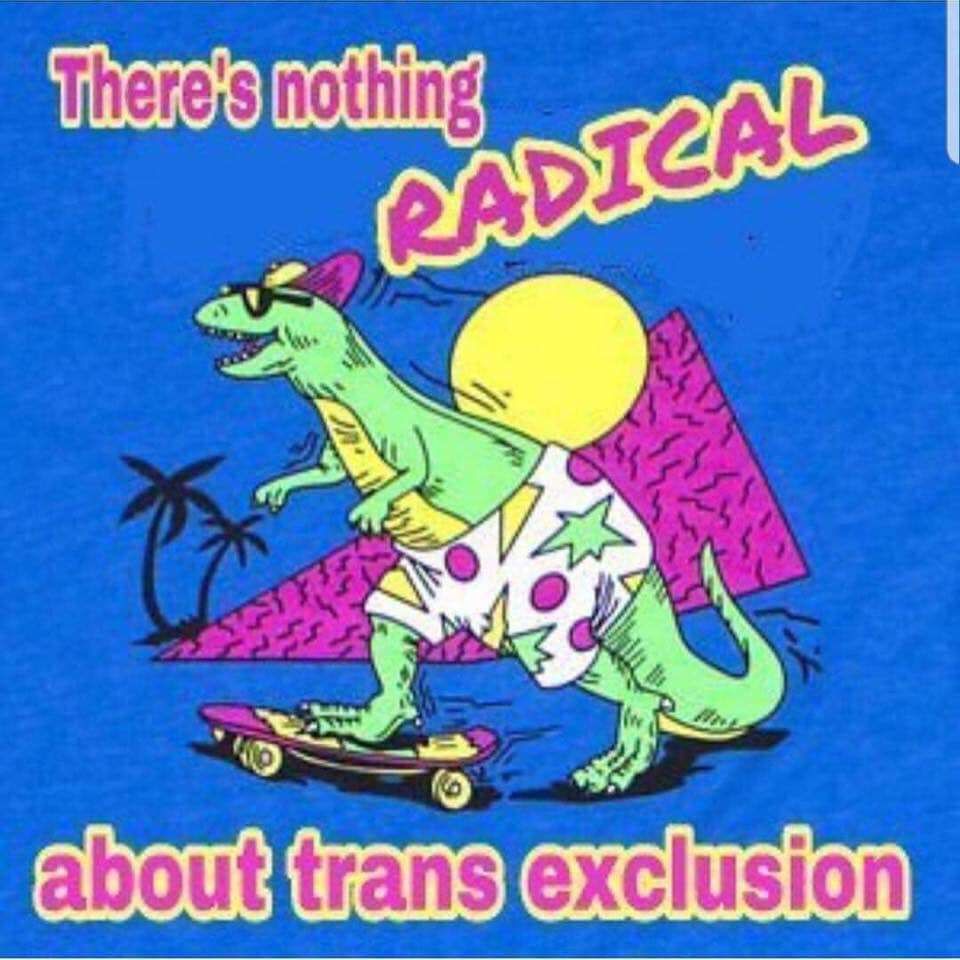 Against a blue background there is a stylised image of a generic dinosaur riding a skateboard while wearing board shorts and a sideways cap. 

At the top and bottom of the image is the text:

"There's nothing RADICAL about trans exclusion."