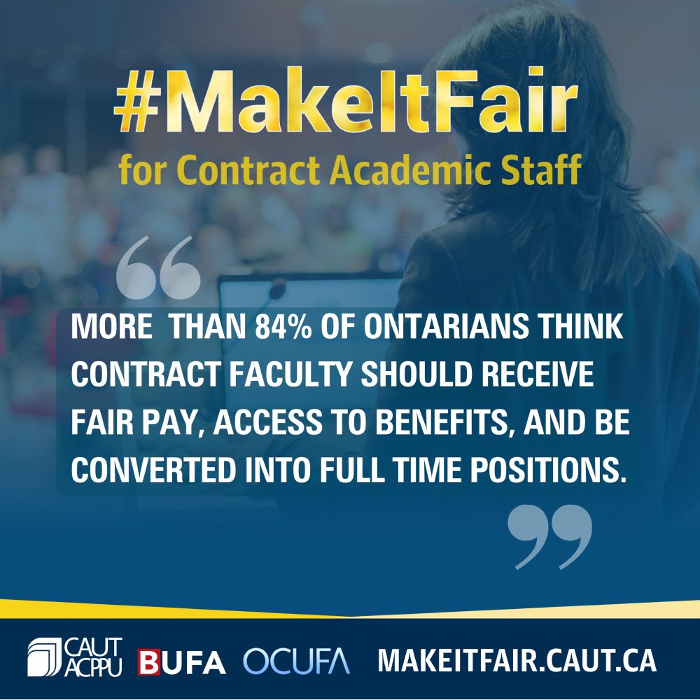 #MAKEITFAIR for contract academic staff.  More than 84% of Ontarians think that contract faculty should receive fair pay, access to benefits, and be converted into full time positions.