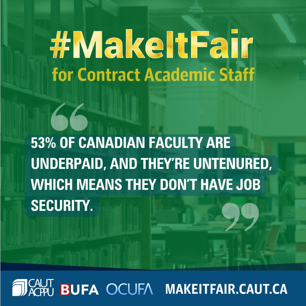 #MAKEITFAIR for Contract Academic Staff. 53% of Canadian faculty are underpaid, and they're untenured, which means they don't have job security.