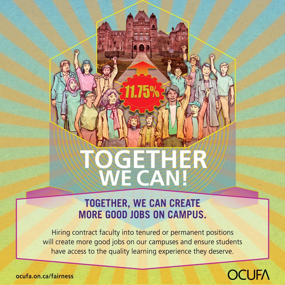 A group of people of diverse identities stands around an image of the Ontario legislative building with a circle pointing at the building, which reads 11.75%. Some people are smiling, some have their fists raised. A banner under them reads: Together, we can! Under the banner, a message box contains the statement: Together, we can create more good jobs on campus. Hiring contract faculty into tenured or permanent positions will create more good jobs on our campuses and ensure students have access to the quality learning experience they deserve. The background has yellow and blue lines in a sunburst style emanating from the group of people. In the bottom left of the image, there is a website link for ocufa.on.ca/fairness, and on the bottom right is the OCUFA logo.