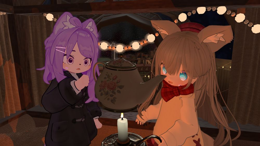 A couple of cute beans in VRChat warming up tea over a lit candle.