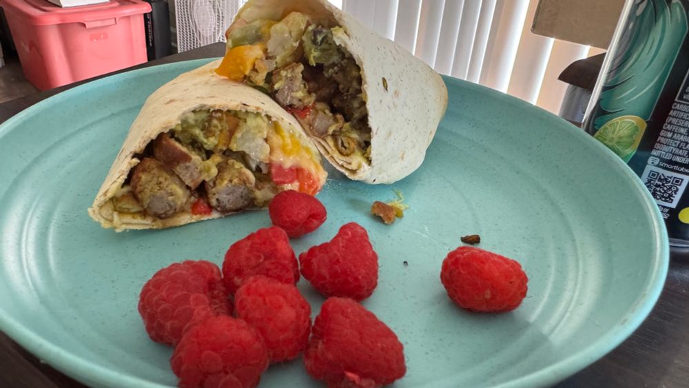 Sausage and crispy tofu burrito