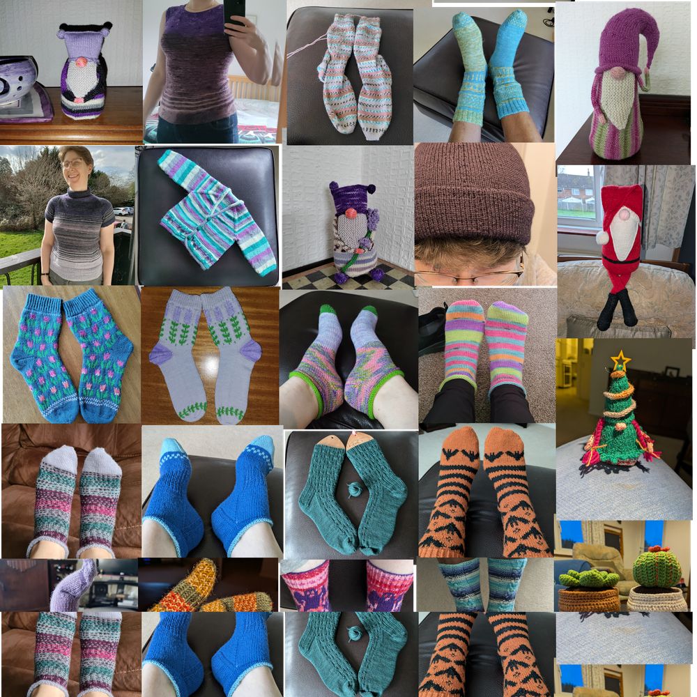 A collage of my handknits from 2024 including socks, gnomes, tops - but mainly socks and gnomes!