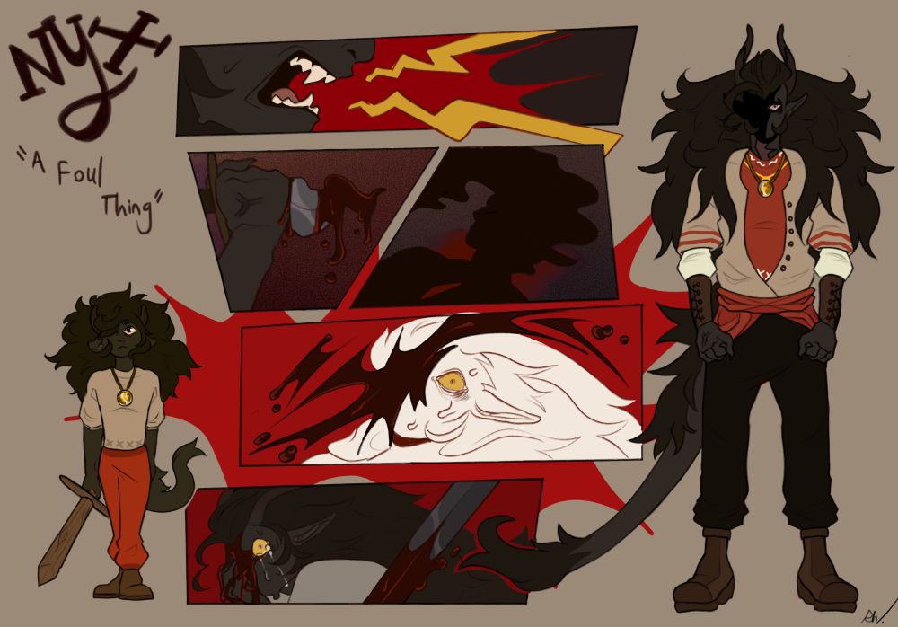 two versions of a character named Nyx (name in upper left corner with the words "A Foul Thing" under his name) with five panels between his two versions, the version of himself on the left being younger, and the version of himself on the right being scarred and older. the panels show him getting a long scar across his left eye and left side of his body.