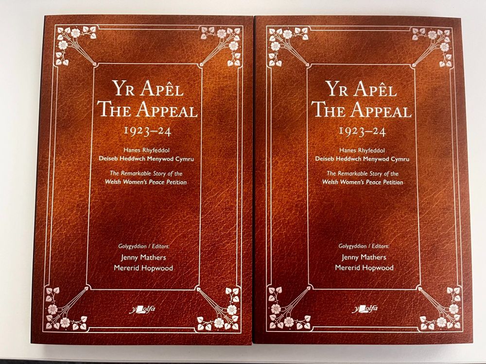Photograph of two copies of the cover of the book Yr Apêl/The Appeal
