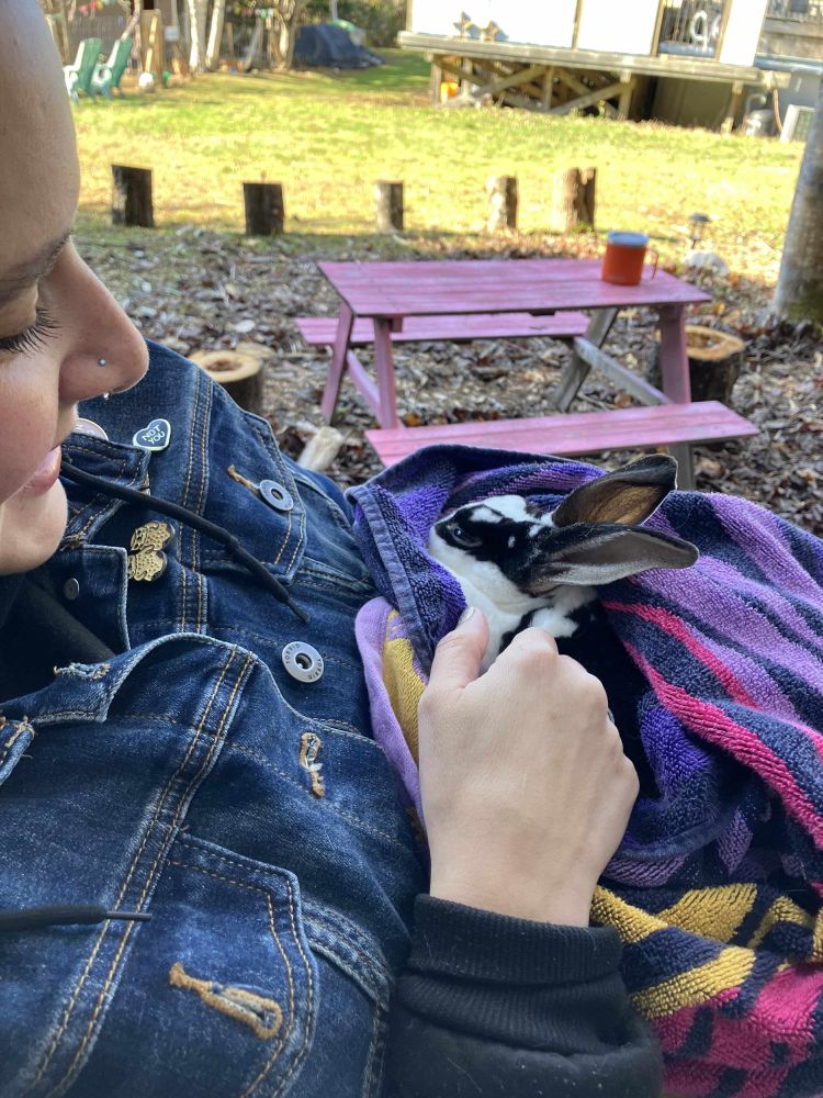 Woman in a denim jacket holding a black and white bunny that is wrapped in a blue, pink, yellow and purple towel. 
