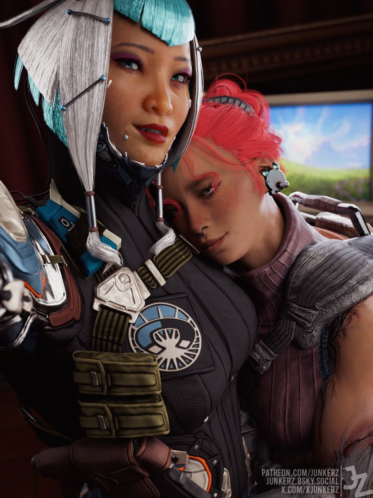 Aoi and Kaya from Warframe, taking a selfie hug