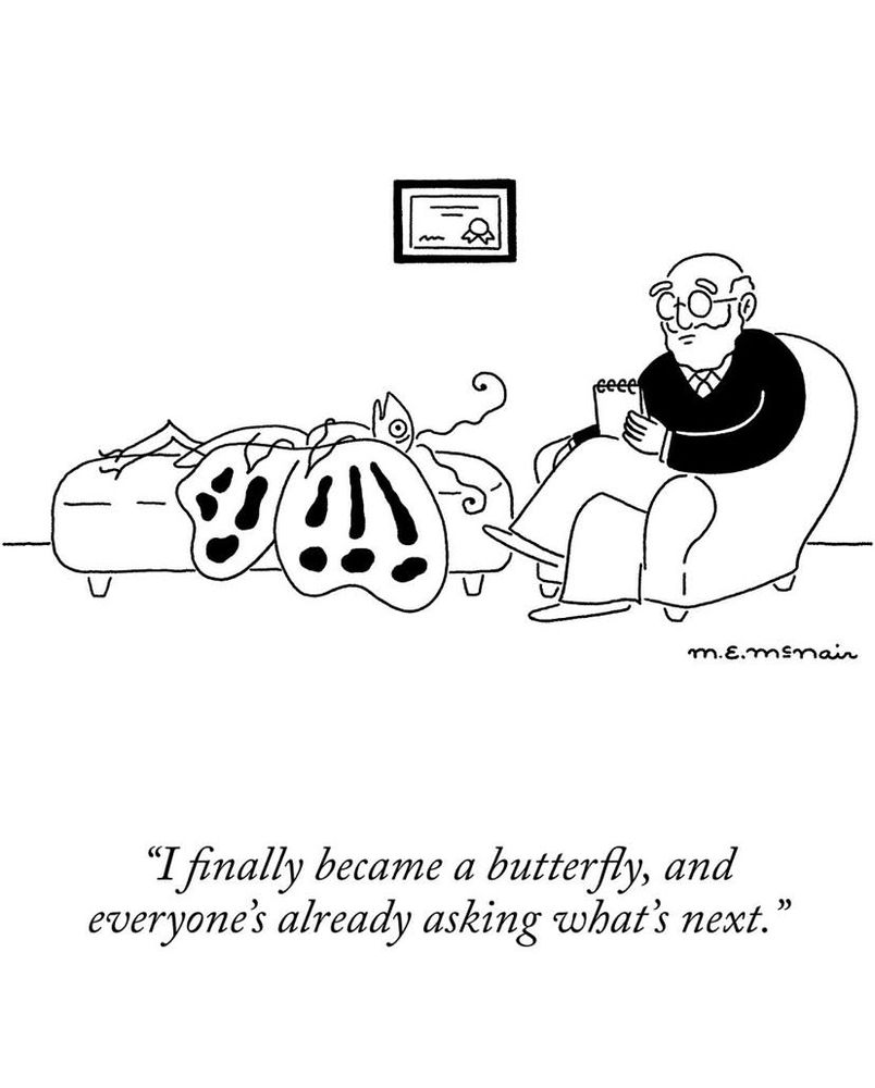 A butterfly in therapy saying “I finally became a butterfly, and everyone’s already asking what’s next”