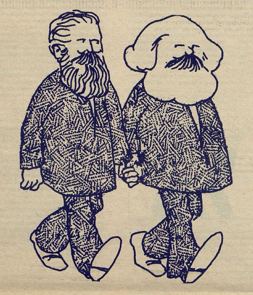 Homocommunist illustration of gay Marx and Engels holding hands