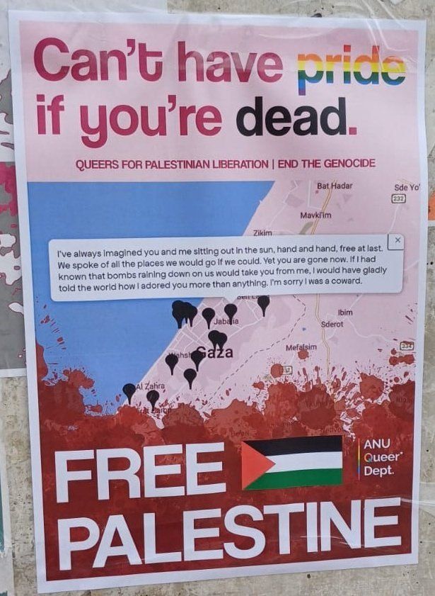 Flyer that says "can't have pride if you're dead. free palestine."