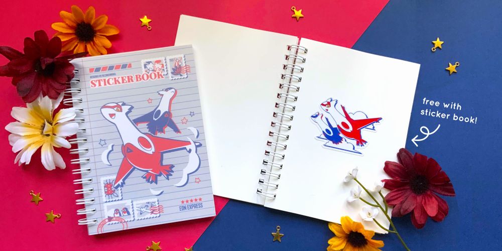 Photo of two sticker books, one closed and placed overlapping the other, which is open. The sticker book cover design features Latias and Latios with the text STICKER BOOK and EON EXPRESS, alongside small stamps depicting Minun and Plusle, Milotic, Solrock, Taillow, and Wingull. In the open sticker book, there is a sticker featuring Latias and Latios. A note on the side indicates that the sticker comes "free with sticker book".