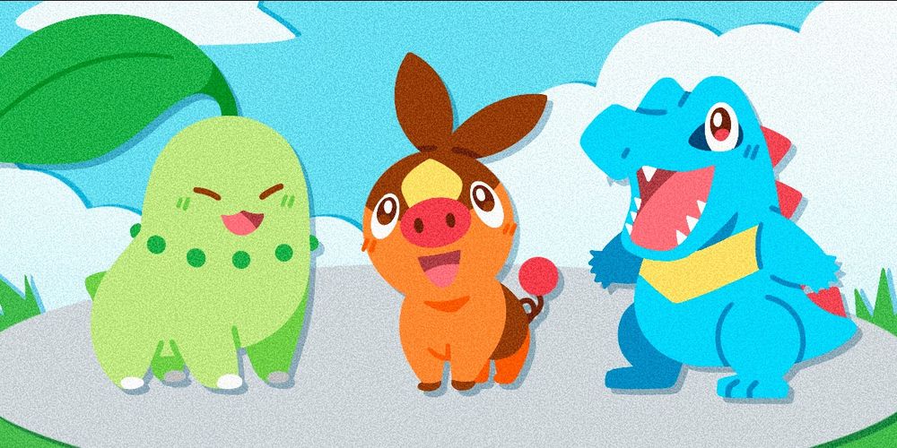 An illustration of the Legends ZA starters: Chikorita, Tepig, and Totodile! They are sitting on a grey platform on a backdrop of grass, blue sky, and clouds.