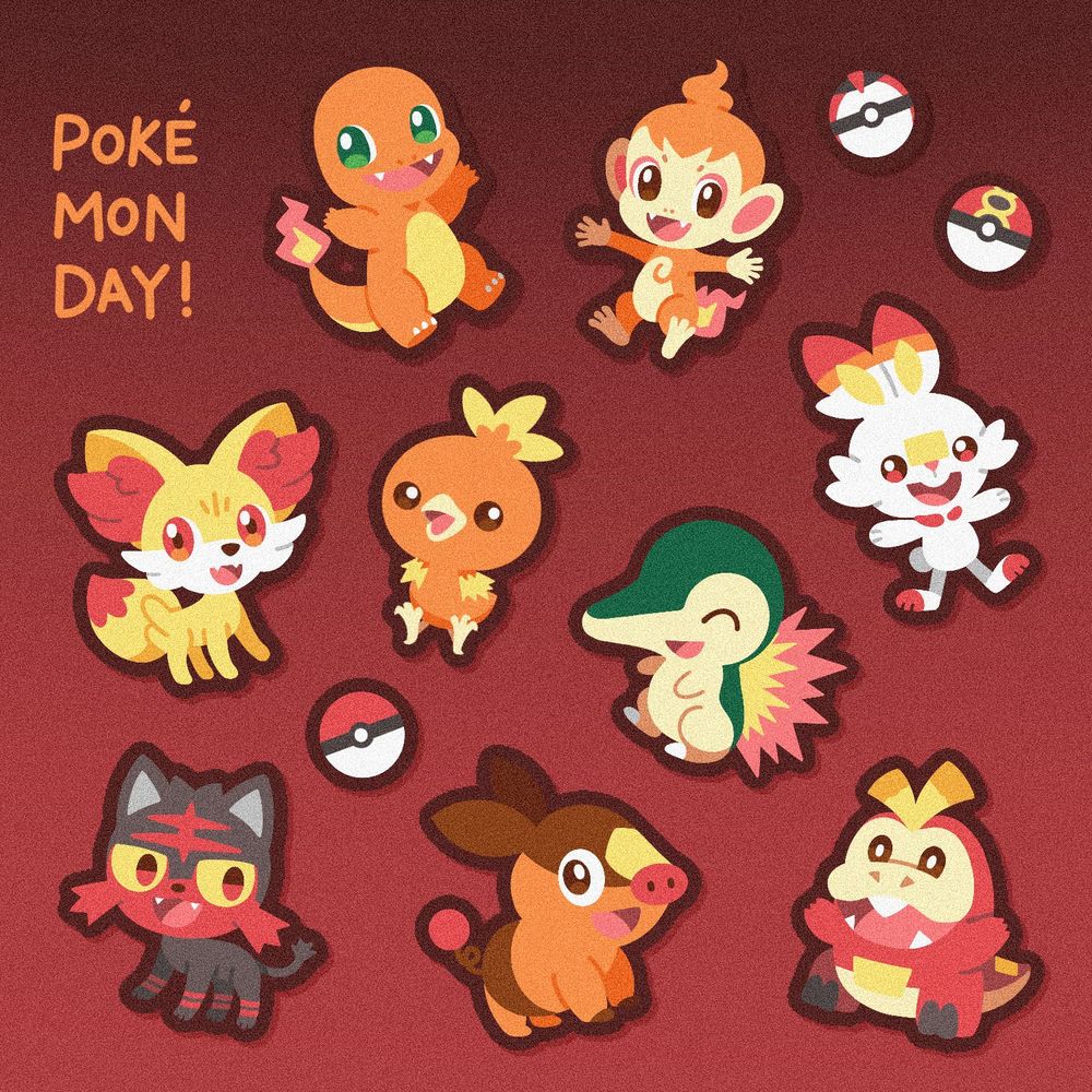 Pokemon Day art with all the Fire starters: Charmander, Chimchar, Fennekin, Torchic, Cyndaquil, Litten, Scorbunny, Tepig, and Fuecoco!