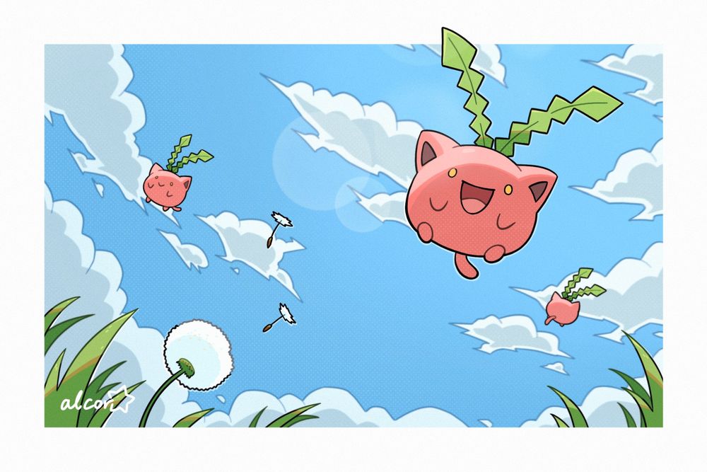 An illustration of three Hoppip blowing away on the wind alongside some dandelion seeds. It is cloudy and the sky is blue.
