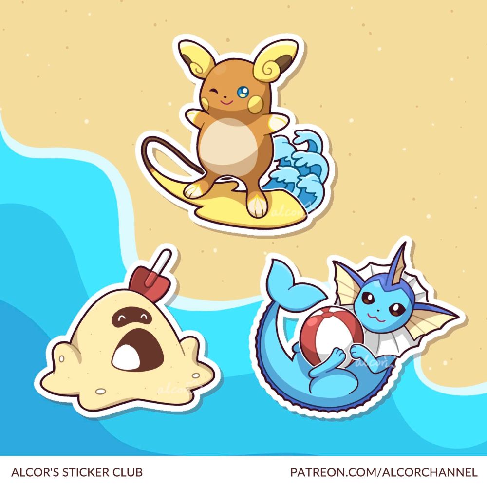A set of beach-themed Pokemon stickers: Alolan Raichu surfing on its tail, a happy Sandygast, and Vaporeon holding an inflatable beach ball.