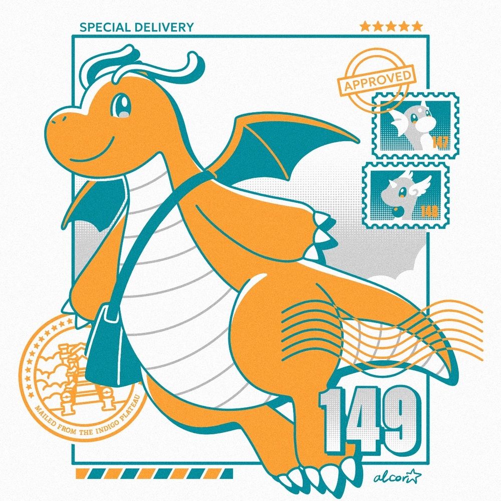 An illustration of postman Dragonite. The National Dex number for the Pokemon, 149, is shown at the bottom right. On the left side, there is a stamp featuring the Pokemon League and labeled "Mailed from the Indigo Plateau". There are two mini stamps showing Dratini and Dragonair.
