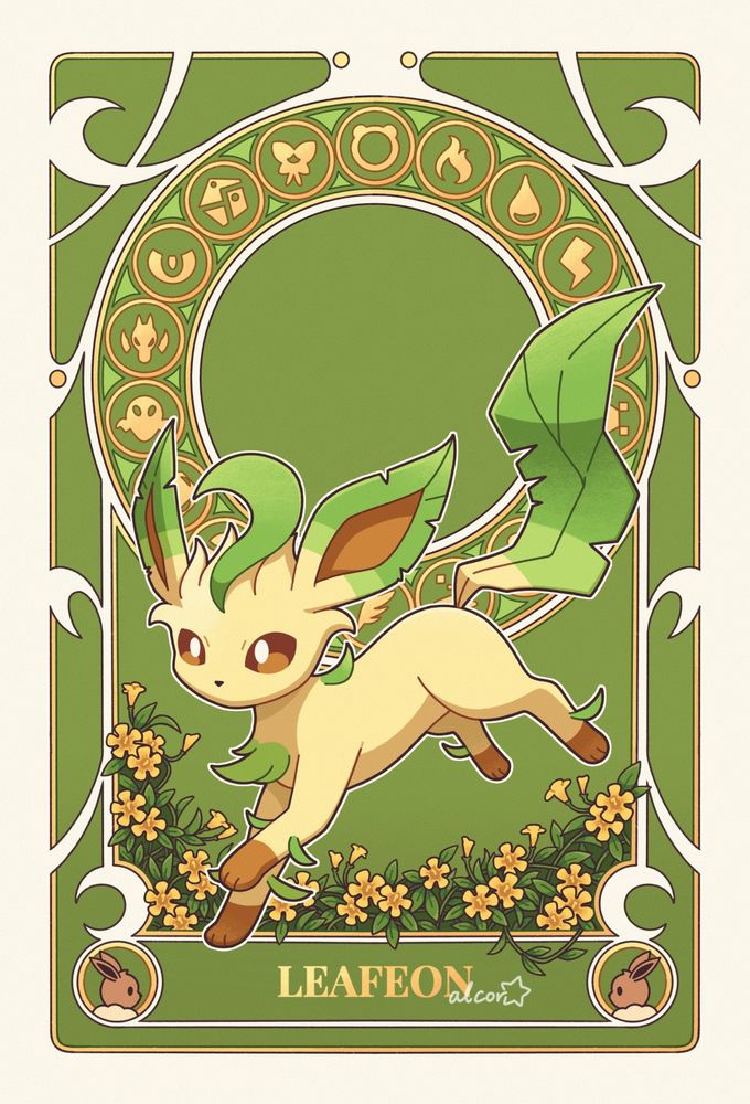 A decorative illustration of a Leafeon, featuring yellow jessamines on a green background. Part of a series with all eight Eeveelutions.