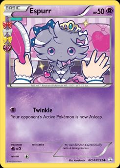 A card of Espurr from Generations: Radiant Collection. Illustrated by Kanako Eo.