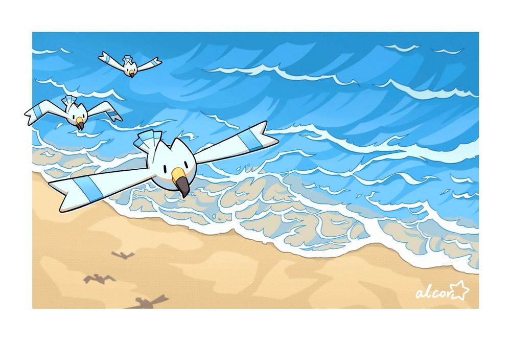 An illustration of three Wingull flying over a sandy beach.