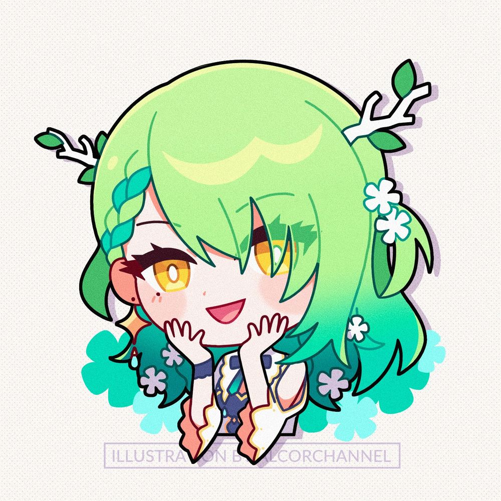 A chibi drawing of Ceres Fauna, Hololive’s kirin and keeper of nature! She is smiling and holding her face with her hands.
